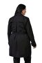 Plus Size Double-Breasted Sleeve Band Detailed Pocket Belted Lined Black Trench Coat - 3