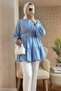 Baby Blue Women's Hijab Tunic Shirt - Belt Detailed - 3