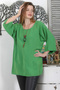 Italian Green Pool Collar Bat Sleeve Washed Necklace Casual Woven Blouse