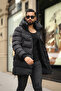 Men's Winter Long Coat with Hooded Side Zipper Detail - 3