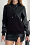 Leather Hooded Crystal Stone Three Thread Cotton Stylish Design Black Women's Sweatshirt - 3