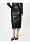 Faux Leather Skirt Midi High Waist Slit Zippered - 3