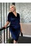 Women's Plus Size Double Breasted Collar Three Quarter Sleeve Skirt Sleeve Package Detailed Velvet Midi Evening Dress 24632 - 2