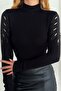 Long Sleeve Turtleneck Women's Plus Size Crystal Jewelled Lycra Stylish Comfortable Design Black Blouse - 3