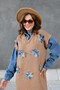 Women's Long Knit Dress with Denim Detail on the Sleeves, Tulle Front, Floral and Stone Embroidery, Loose Fit - 6