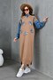 Women's Long Knit Dress with Denim Detail on the Sleeves, Tulle Front, Floral and Stone Embroidery, Loose Fit - 4