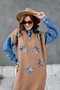 Women's Long Knit Dress with Denim Detail on the Sleeves, Tulle Front, Floral and Stone Embroidery, Loose Fit - 2