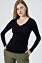V-Neck Long Sleeve Cotton Lycra Bodysuit-Black - 3