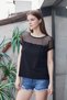 Women's Stretch Fabric Crepe Fabric Blouse with Polka Tulle Detail , Boat Neck, and Drop-Shoulder Design - Black