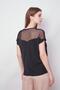 Women's Lycra Crepe Fabric Polka Dot Tulle Detailed Wide Zero-Neck Off-Shoulder Blouse - Black - 6