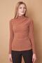 Women's Camisole Half Fisherman Shoulders Pleated Long Sleeve Lycra Thin Knitwear Blouse-Camel - 2