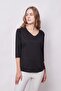 Women's V-Neck Off-The-Shoulder Capri Three-Quarter Sleeve Lightweight Lycra Fabric Blouse-Black - 5