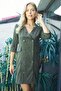 Women's Velvet Lycra Soft Textured Double Breasted Capri Three Quarter Sleeve Slit Office Jacket Dress-Khaki