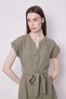 Linen Blend High Collar Off-Shoulder Waist Tie Buttoned Knee Length Casual Dress-Khaki - 6