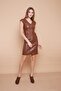 Ecological Faux Leather V-Neck Off-Shoulder Front Zipper Dress -Tan - 2