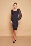 Lycra Crepe Fabric Chiffon Detailed Square Collar Long Sleeve Dress-Black