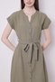 Linen Blend High Collar Off-Shoulder Waist Tie Buttoned Knee Length Casual Dress-Khaki - 7