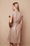 Women's Light Lycra Ecological Leather Collared Off-Shoulder Side Pocket Buttoned Knee-Length Dress-Beige - 5