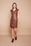 Ecological Faux Leather V-Neck Off-Shoulder Front Zipper Dress -Tan