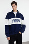 Navy Blue Oversize/Wide Cut City Printed Color Block Stand Collar Zippered Sweatshirt Tmnaw25Sw00104 - 2