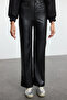 Siyah Relaxed/Rahat Straight/Boru Paça Dikiş Detaylı Örme Deri Pantolon TWOAW25PL00068 - 3