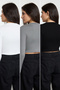 Siyah-Beyaz-Antrasit 3'lü Paket Crop Fitted/Vücuda Oturan Örme Bluz TWOAW25BZ00300 - 7