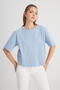 Relaxed Fit Wide Cut Crew Neck 100% Cotton Blue T-Shirt - 4