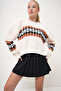 Women's Beige Crew Neck Knitwear Crop Sweater Prm1068 - 5