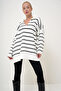 Women's White Polo Collar Striped Long Oversize Thick Knitwear Sweater Prm1080 - 4