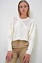 Women's Ecru Crew Neck Hairnet Patterned Hole Openwork Crop Sweater Alc-X12975 - 5