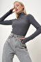 Women's Anthracite Body-Sitting Half Turtleneck Finger Detailed Blouse Prm1059 - 5