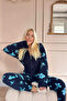 Navy Blue Palmate Patterned Women's Fleece Plush Jumpsuit Pajamas - 3
