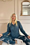 Petrol Zebra Patterned Thermal Front Buttoned Women's Pajamas Set - 2