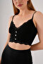 Women's Black Crop Strap Button Detailed Lace Bustier Blouse with Removable Pads - 4