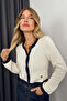 Ecru Navy Blue Gold Buttoned Knitwear Cardigan - 3