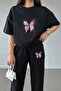 Pink Butterfly Printed T-shirt Tracksuit Top and Bottom Set - 2