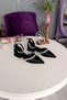 Black Satin 2.5 cm Heeled Ankle Belted Double Waterway Stone Wedding Dress Shoes Women's Ballerinas - 3