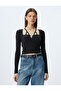 Long Sleeve Window Detailed Slim Fit Ribbed T-Shirt with Bow Accessory - 3