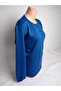 Women's Indigo Crew Neck Placket Three Buttons Long Sleeve Elastic Slit Two Thread Blouse T-Shirt - 2