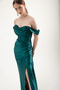 Women's Emerald Green Boat Neck Slit Long Evening Dress - 3
