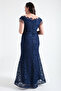 Women's Navy Blue Slim Fit Lace Sleeves Beaded Plus Size Evening Dress - 5