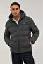 Men's Hooded Puffer Jacket with Crest Detail Nolan Coat Dark Gray