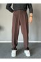 Pleated Brown Baggy Fit Trousers with Elastic Waist - 5