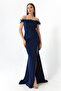 Women's Navy Blue Slim Fit Otrishli Boat Neck Slit Long Evening Dress - 3