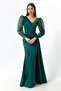 Women's Emerald Green Slim Fit Double-Breasted Neckline Glitter Long Satin Evening Dress - 3