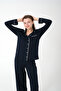 Women's Navy Blue Long Sleeve Buttoned Pajama Set - Soft and Comfortable Fabric