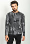 Patterned Slim Fit Crew Neck Long Sleeve Men's T-Shirt Black-Ecru - 36757.22K - 4