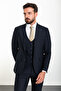 Plain Navy Blue Slim Fit Wide Collar Wool Classic Men's Suit - 3