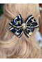 Luxury Design Gold Leaf Velvet Motif Authentic Luxury Design Bow Automatic Buckle Gold Navy Blue - 2
