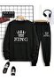 Taçlı King Sweatshirt Sweatpants Jogger - Black Printed Tracksuit Set Crew Neck - 3